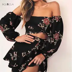 2019 летний цветочный шифоновый комплект из 2 предметов женский топ мини-юбка женские комплекты одежды Пляжная Бохо укороченный топ юбки