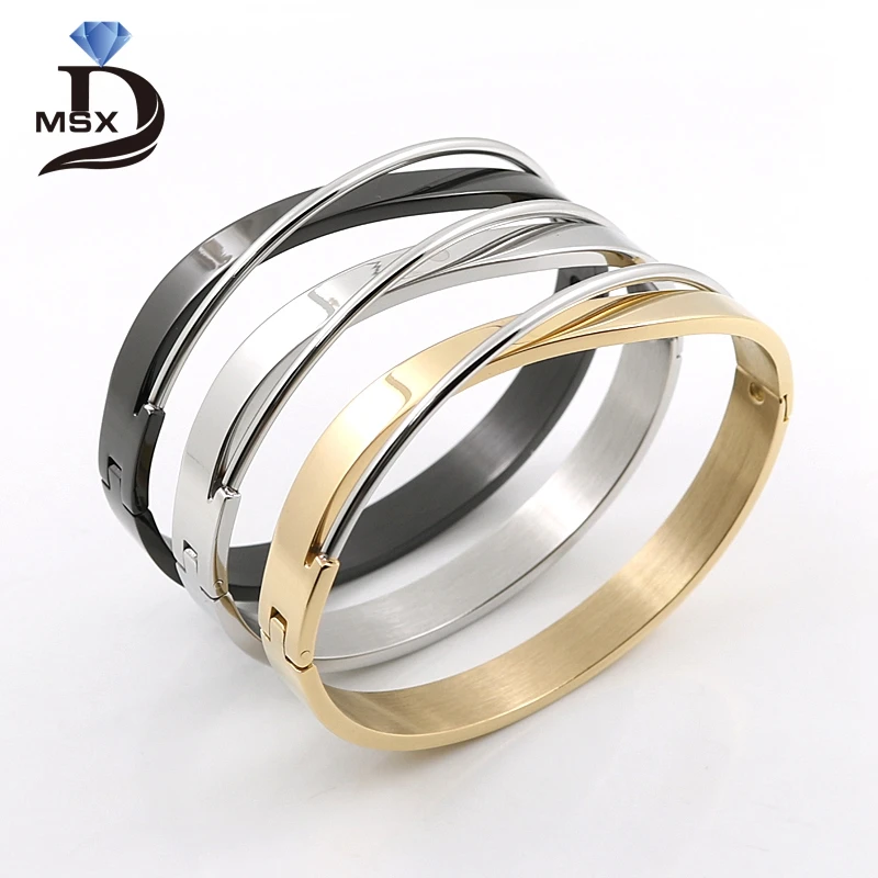

Gold Plating Stainless Steel Cuff Bangle Bracelet for Female Woman Luxury Bicyclic Wristband Man Trendy Simple Jewelry Gift