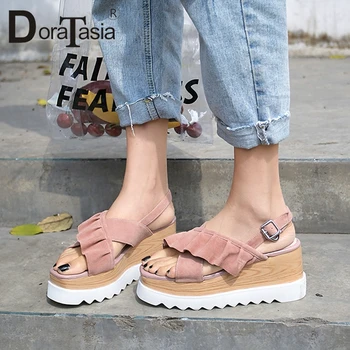 

DORATASIA 2019 New Sweet Ruffles Sandals Women Summer Kid Suede Peep Toe Platform High Heels Sandals Women Shoes Woman