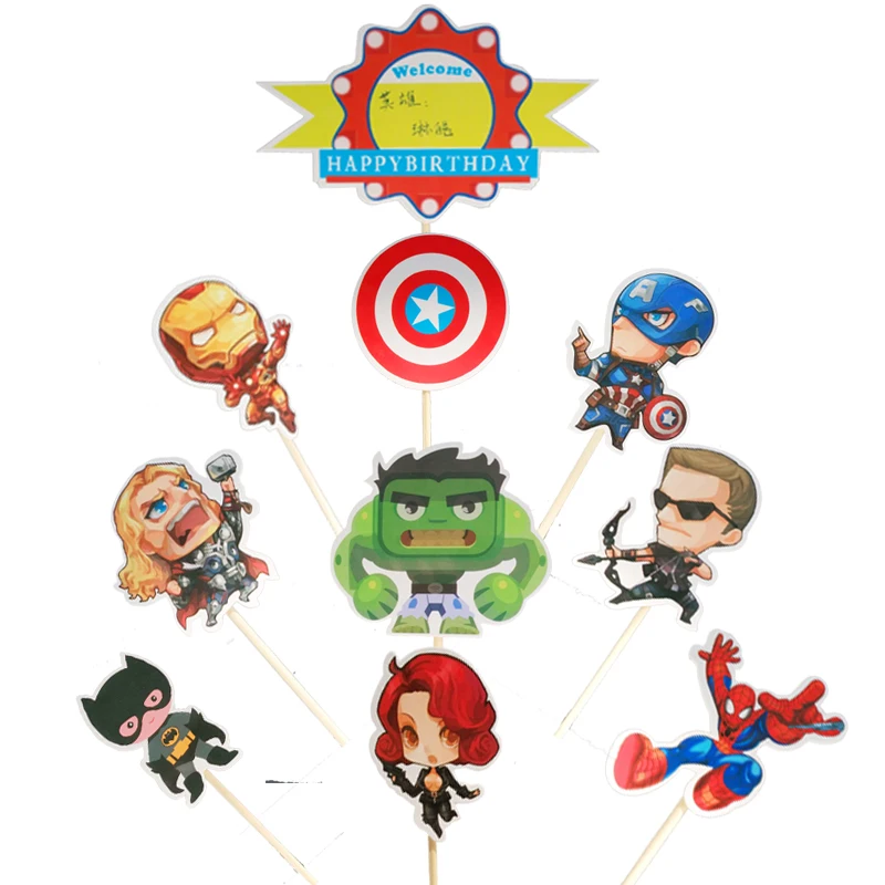

Baby Shower Happy Birthday Party Avengers Cartoon Theme Spiderman Batman Hulk Decoration Cupcake Cake Toppers With Sticks 1set