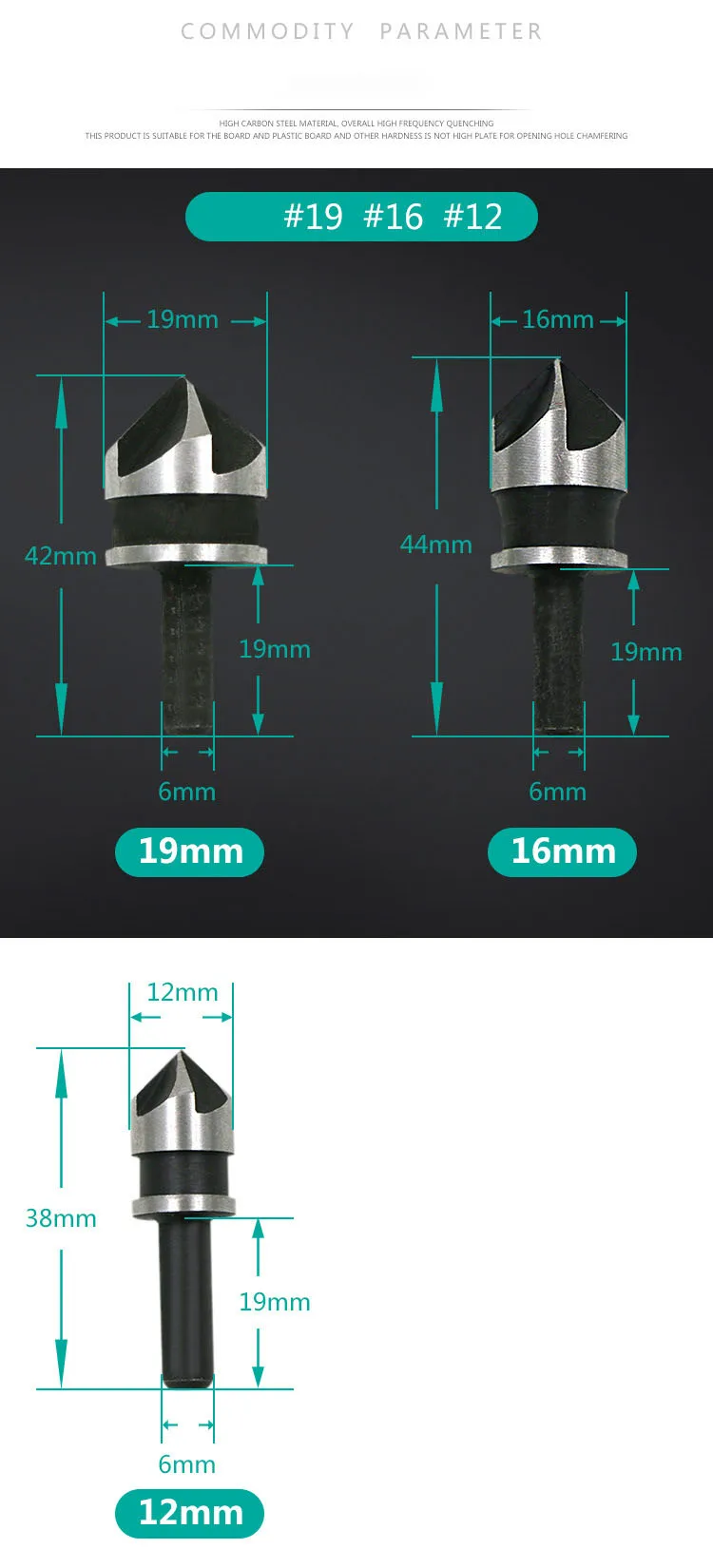 3Pcs 90 Degree 1/4 Hex Shank Countersink Drill Bit 5 Flute 12-19mm Woodworking Counter Sink Chamfering Debur Tool Set   DT6
