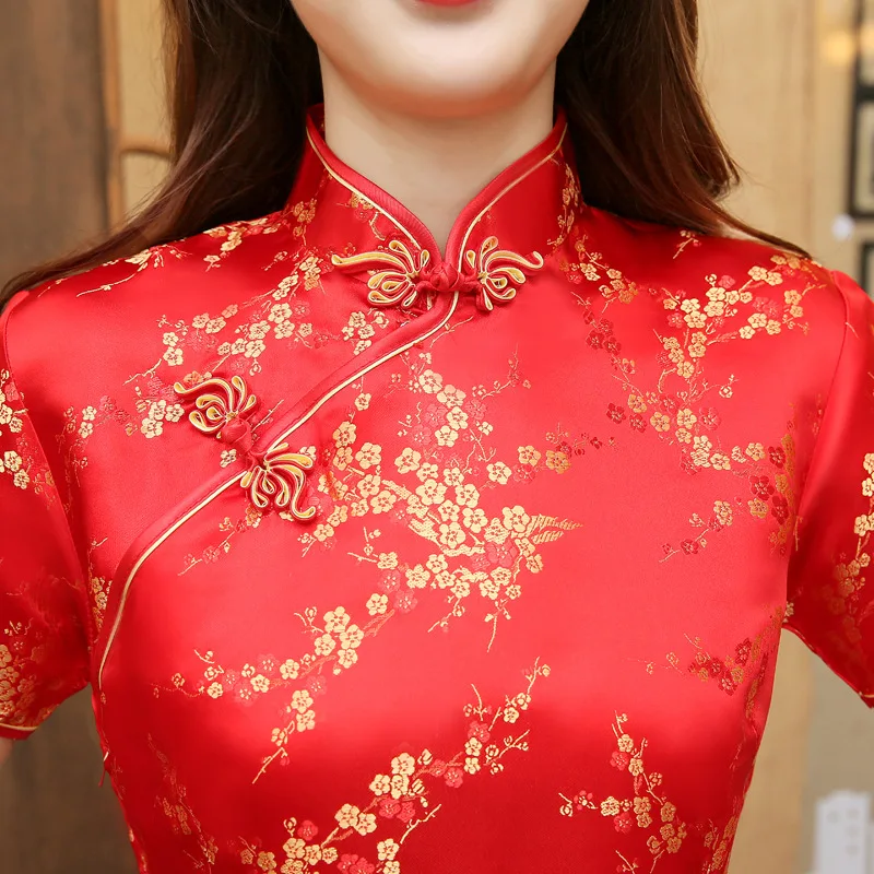 Красное китайское женское платье винтажное атласное Qipao сексуальное длинное тонкое Cheongsam горячая Распродажа Цветочное платье размер s m XL XXL 3X4XL 5XL 6XL