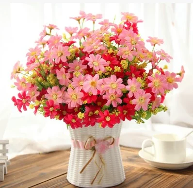 Один набор, Маленькая ромашка, искусственный цветок, Шелковый Подсолнух, ваза из ротанга, украшение для домашнего стола, 13 видов - Цвет: pink daisy