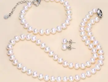 

sets of 9-10mm south sea round white pearl necklace18" &bracelet7.5-8" &earring