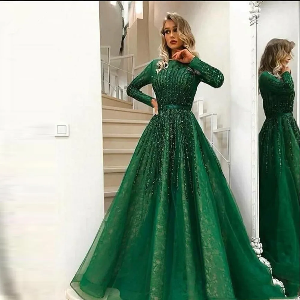 

Green Muslim Evening Dresses 2019 A-line Long Sleeves Tulle Beaded Formal Islamic Dubai Saudi Arabic Long Elegant Evening Gown