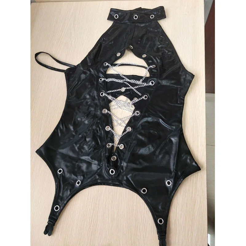 Leather Catsuit Women Black Sexy Halter Hollow Out with Chains Jumpsuit Exotic Apparel Nightwear Open Crotch Vinyl Catsuit