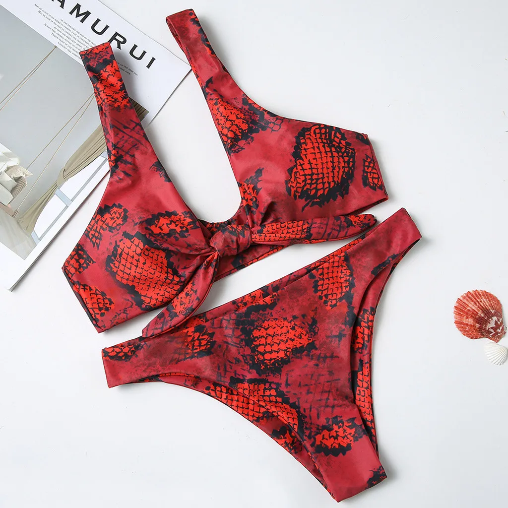 

Women's sexy Brazilian snake print red bikini set 2019 summer new style bathing suit women high waist stroje kapielowe damskie#4
