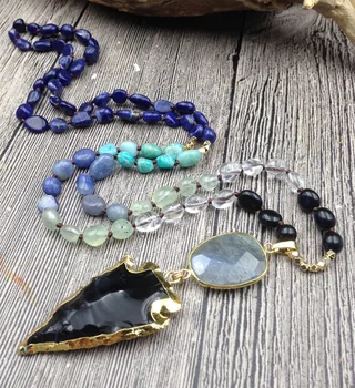 

YA2826 Obisidan Labradorite Arrow Pendant Sodalite Quartz Amazonite Irregular Nugget Beads Knot Handmade Necklace