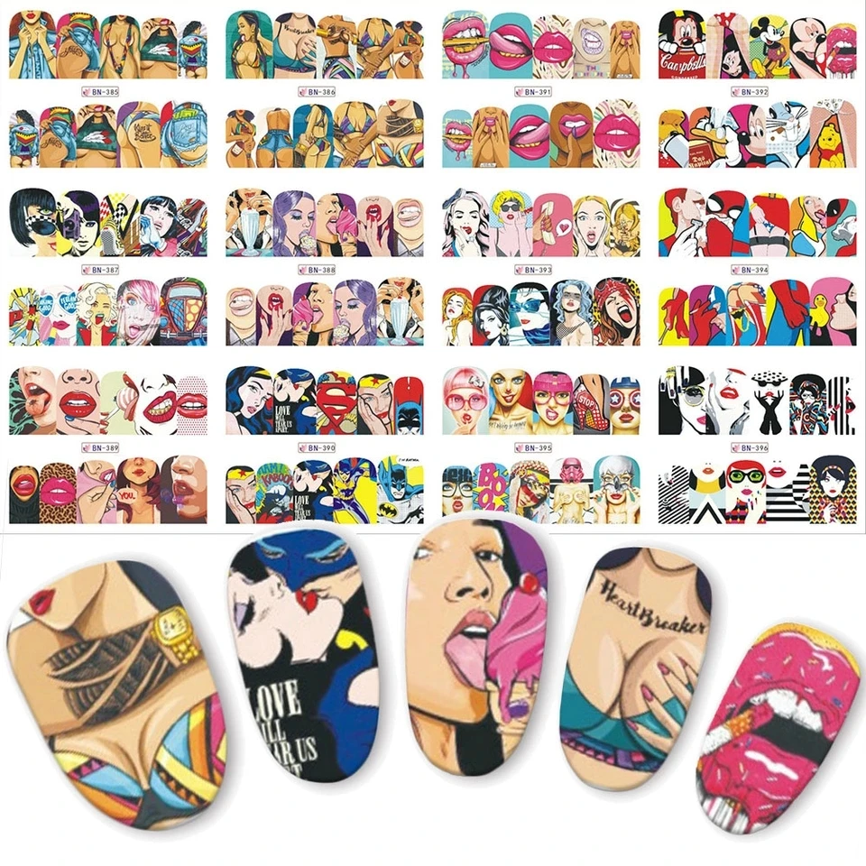 

1 set 12 Nail Designs Full Cover Water Transfer Sticker Fashion Sexy Cute Designs slider Cool Girl Lips Nail beauty decoration