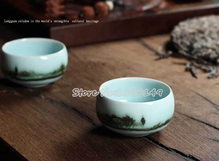 Китайский Longquan Высший сорт Celadon пейзаж КИТАЙСКИЕ чашки чаша для художественной коллекции старшим художником и ремесленником Подарочная посылка