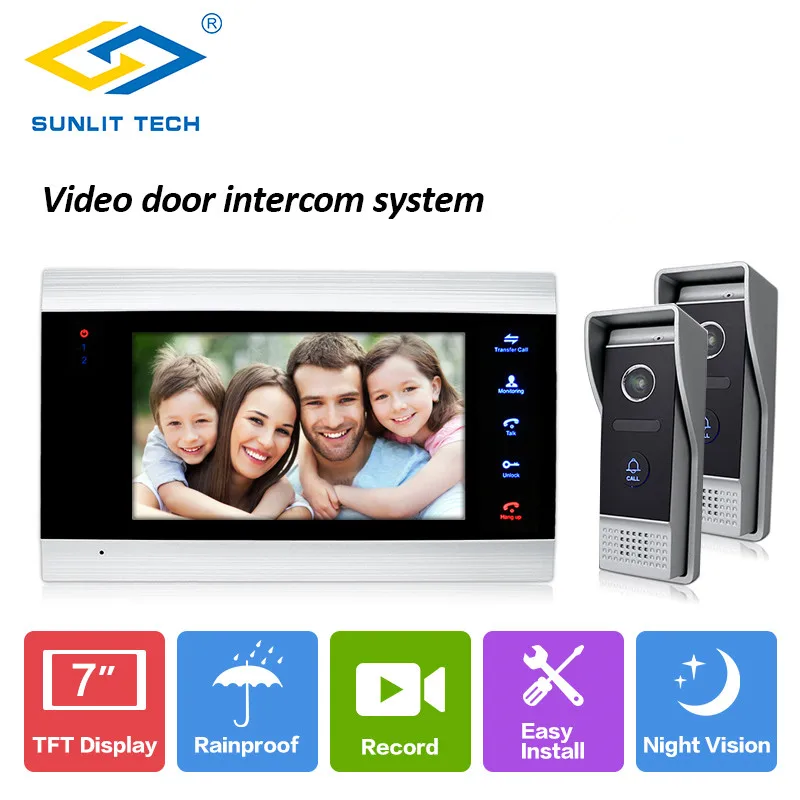 7 inch Monitor Intercom with 800TVL Door Phone Intercom Access System For Home Gate Entry Security with 1 monitor 2 call panels