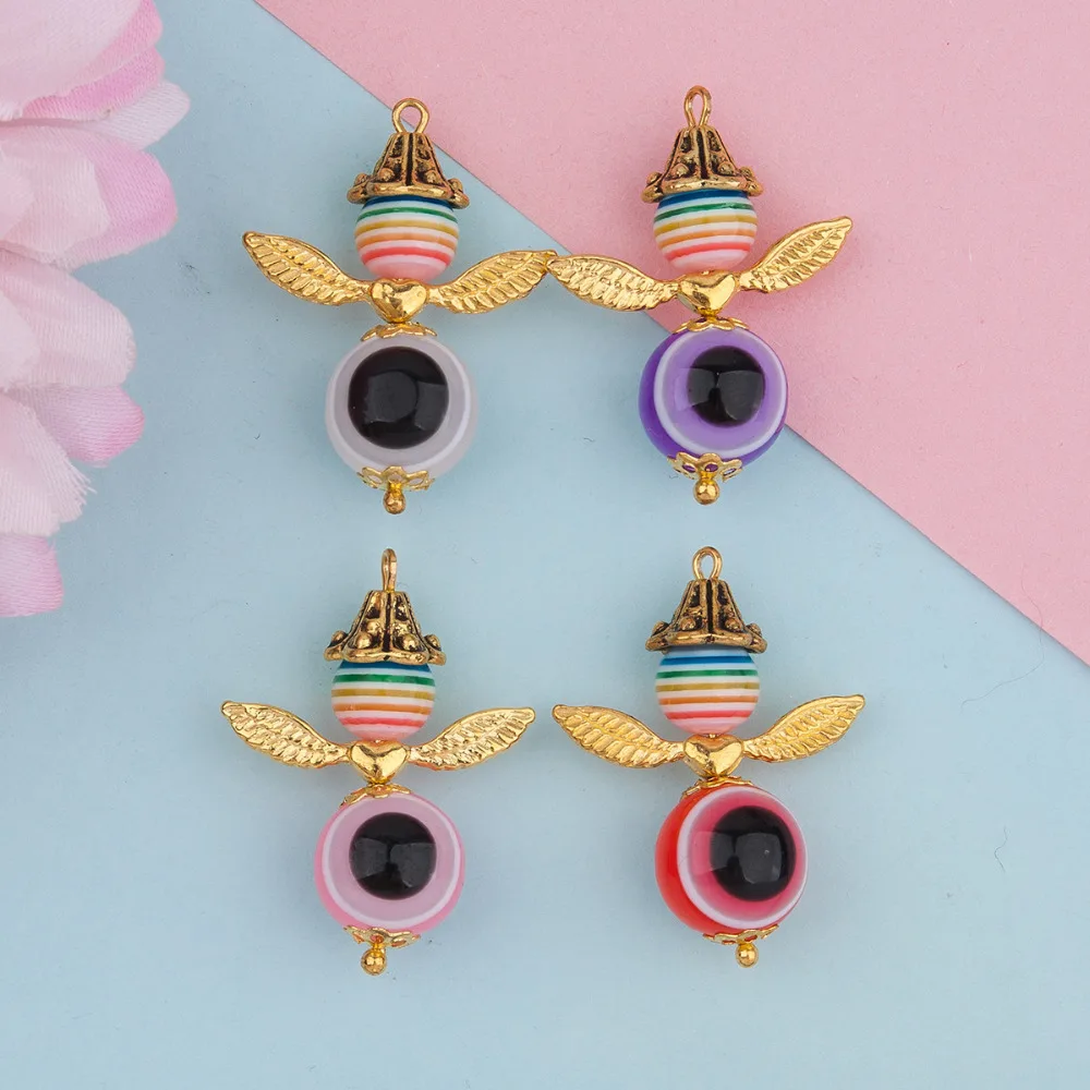

DoreenBeads Zinc Based Alloy Pendants Gold Color Spacer Beads Colorful Resin Evil Eye Stripe Beads Hand Made Pendants,1 Set
