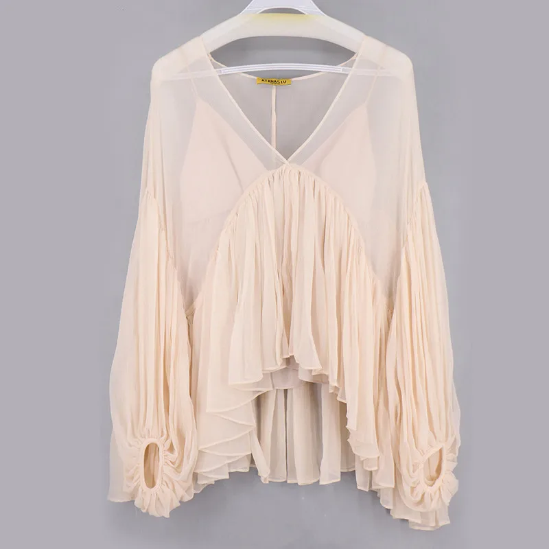 Женская блузка с V образным вырезом и рукавами фонариками|lantern sleeve|sleeve topsilk blouse |