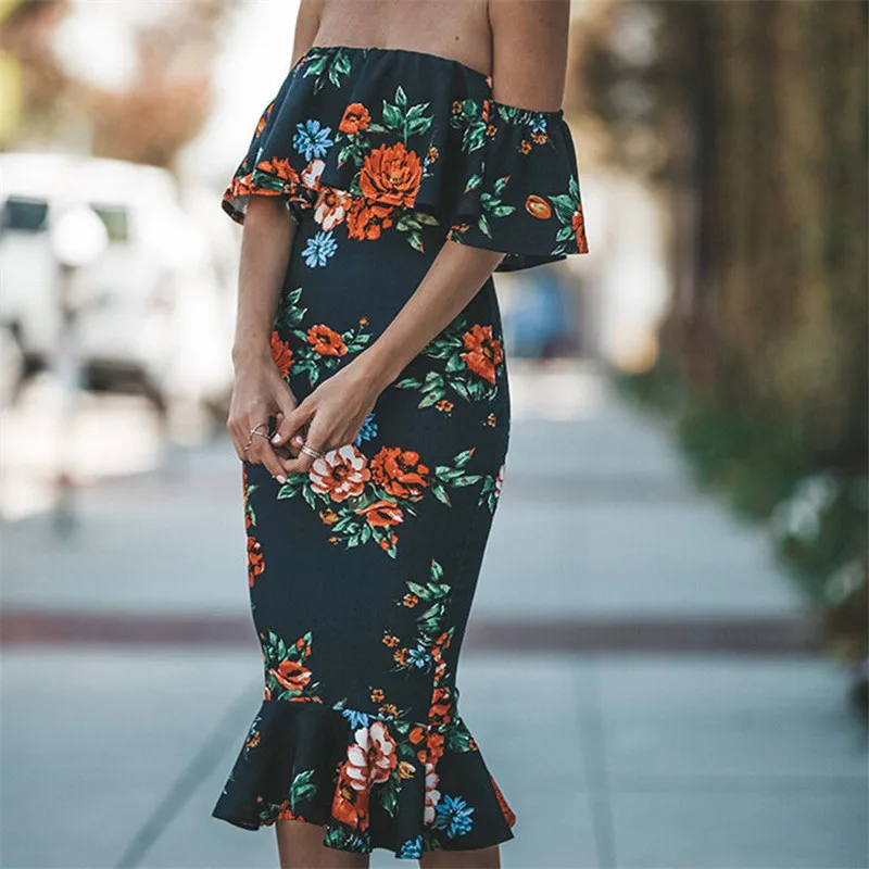 Frauen Schulterfrei Цветочные Bedruckte Sommerkleid Neue Damen ruschen Krause Bodycon Minikleid Abend вечерние Kleider Vestidos |