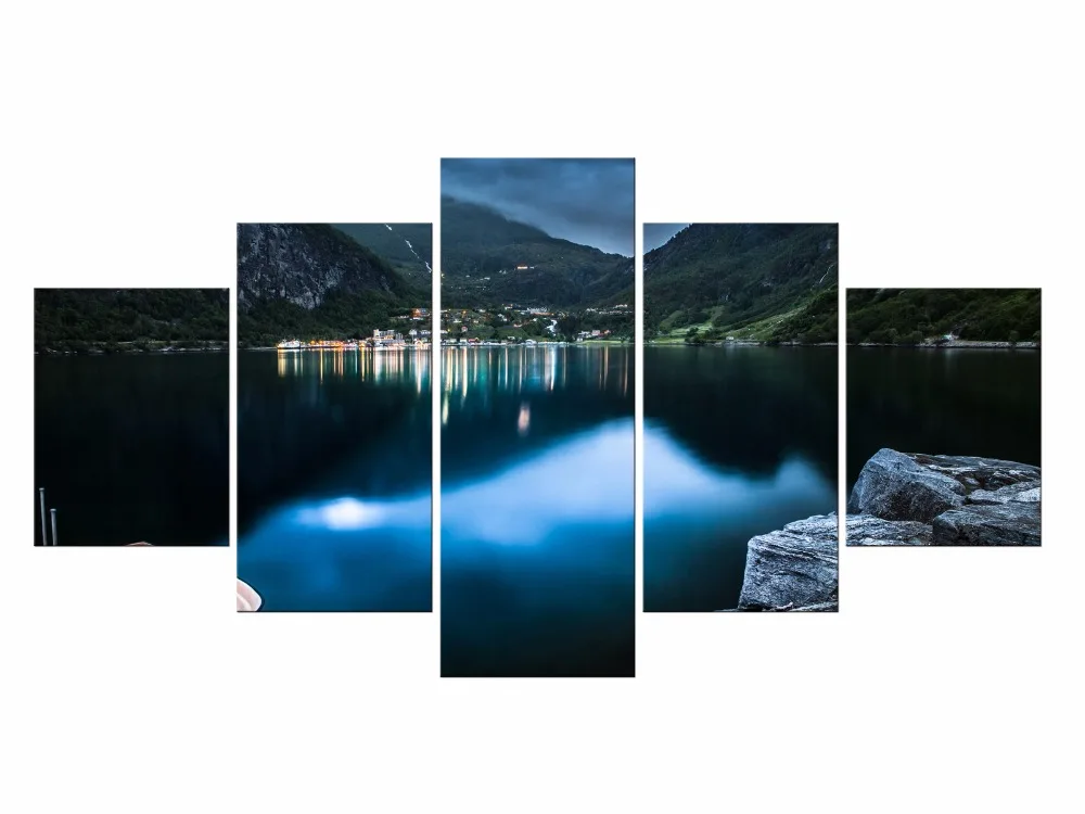 

5 Pieces Free Shipping Mountain Lake Night Natural Landscape HD Print On Canvas Modern Home Decor Canvas Painting Framed