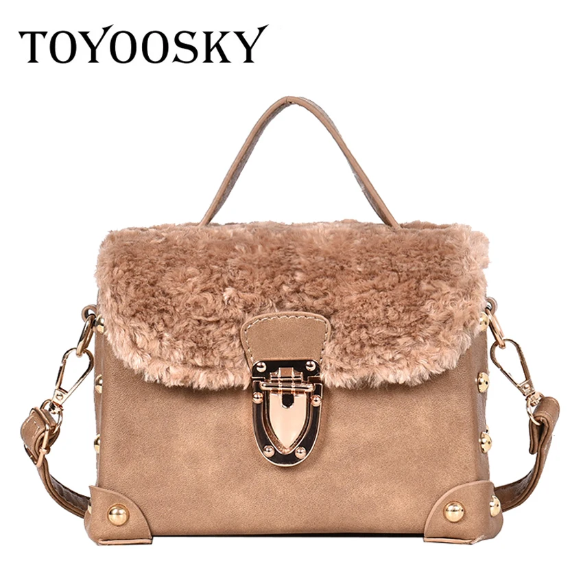 

TOYOOSKY 2018 New Fashion Women Handbags Plush Fur Metal Hasp Shoulder Bags PU Leather Lady Messenger Bags Square Tote Briefcase