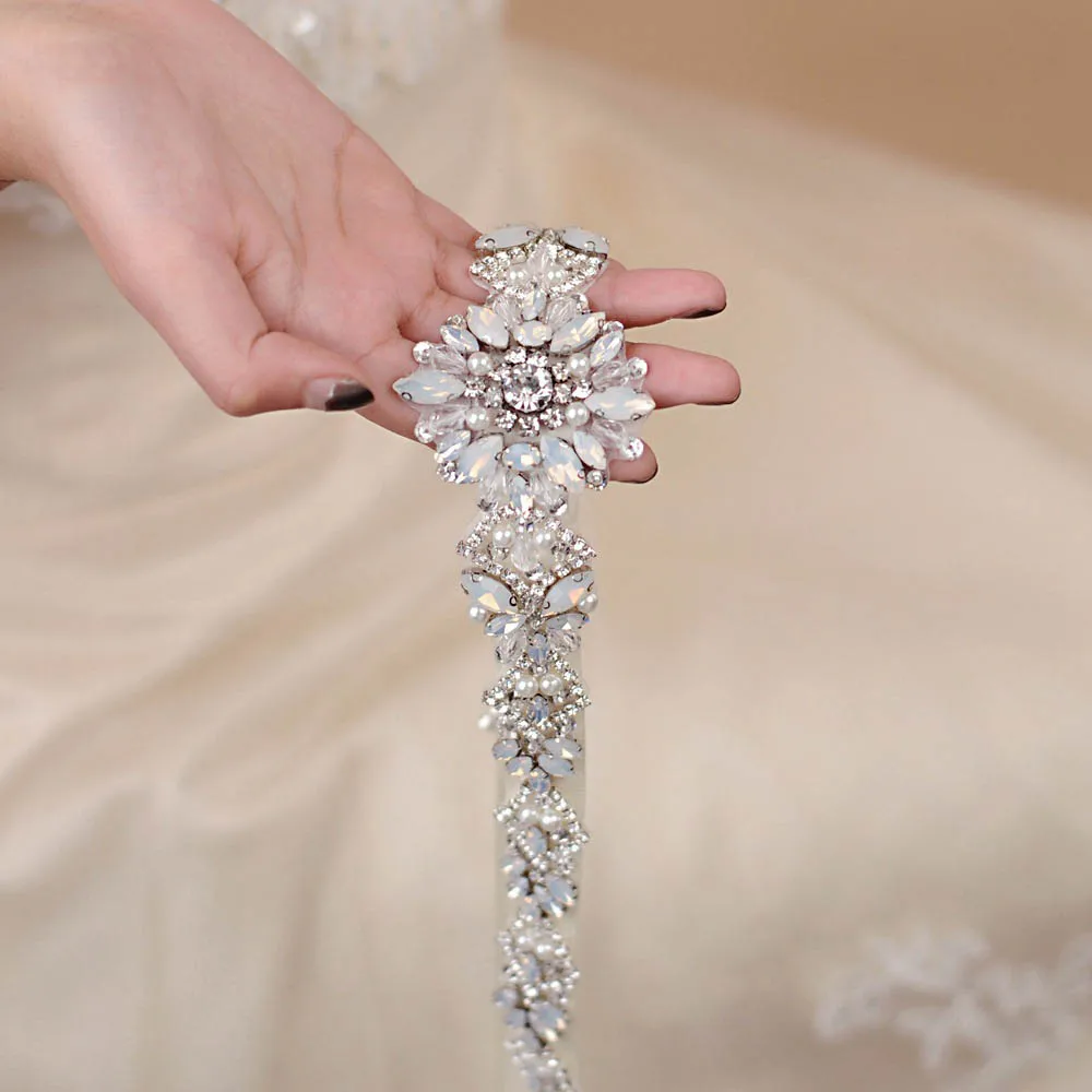 

Clear White Opal Rhinestone Applique for Dress Crystal Beaded Bridal Applique Iron on Bridesmaids Belts Sash by Sewing Hot Fix
