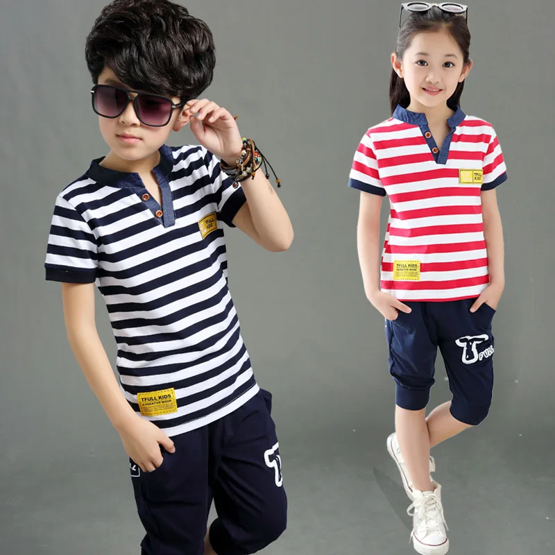 

Children's summer two-piece suit sportswear striped V-neck short-sleeved t-shirt cotton boy girls summer clothing