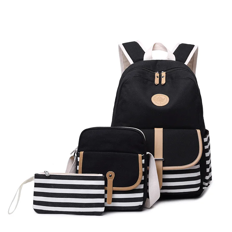 

fashion striped Canvas Backpack 3 Pcs/set Women School Backpacks street travel Schoolbag For Teenagers Student laptop Book Bag