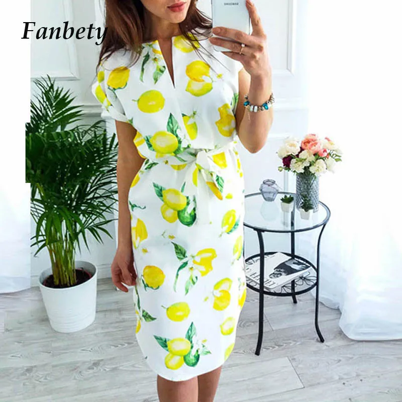 

Fanbty Women Lemon print Beach Dress 2019 summer Geometric Floral print V-neck Irregular Mini Dress Elegant Sexy belt Dress 2XL