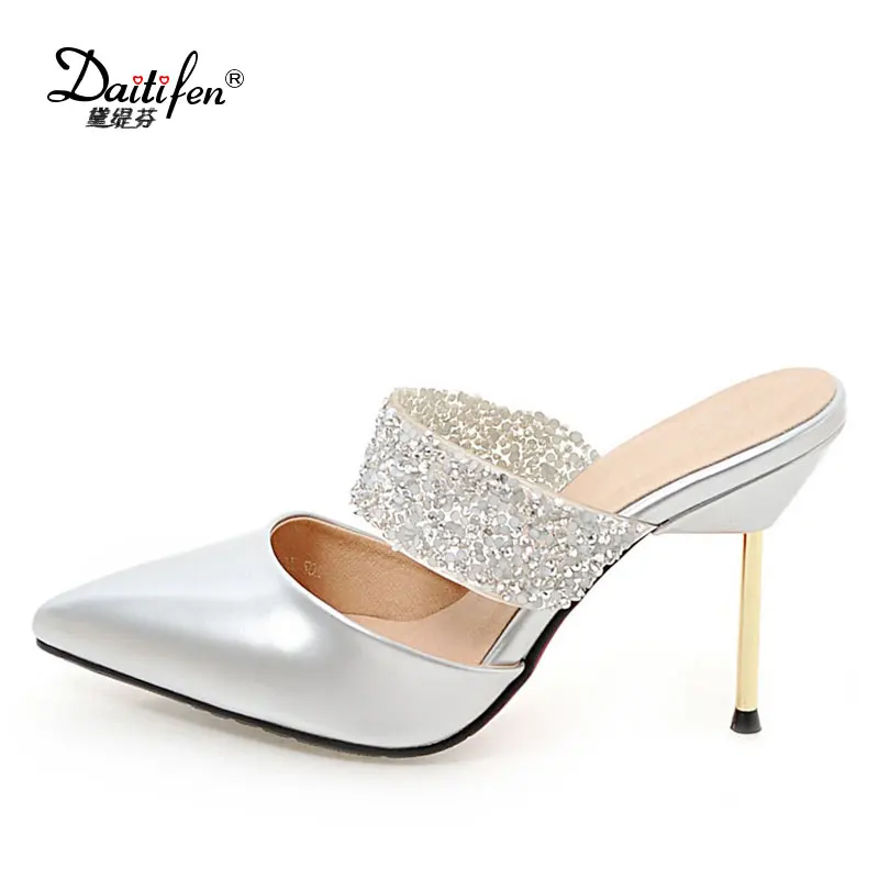 

Daitifen Summer women high heels slippers concise Metal heel Pointed toe Bling strap shoes beautiful Wedding ladies slippers