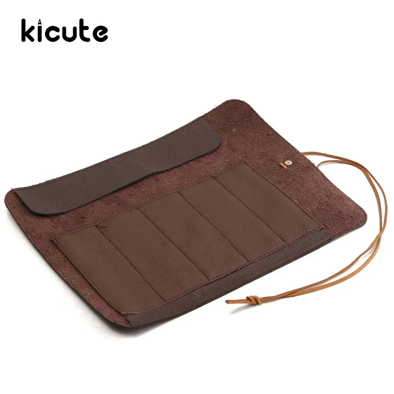  Kicute New 5 Holes Brown PU Leather Roll Up Pencil Case Storage Bag Cosmetic Holder Bag Pen Bag Pou