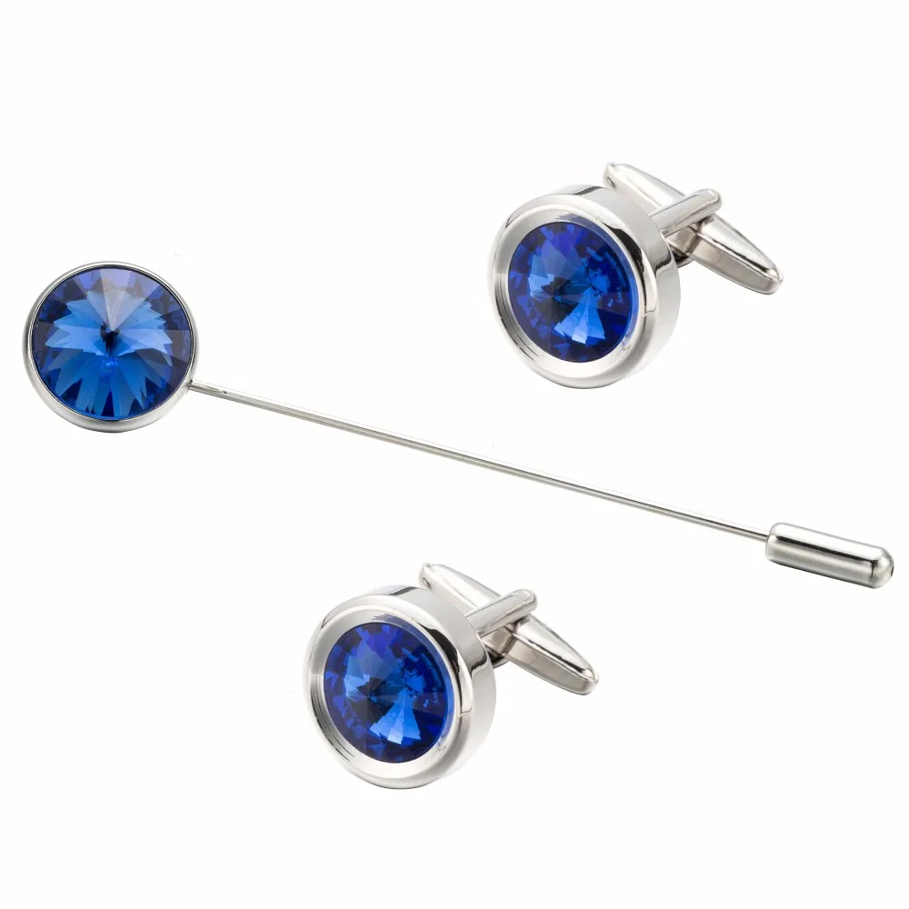 VAGULA New Style Fashion Blue Crystal Cufflink Tie Pin Set Round Silver color Men's Cuff link