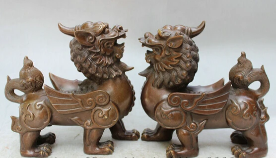 

004746 Chinese Pure Bronze Guardian Foo Fu Dog Fly Lion PiXiu Unicorn Beast Statue Pair