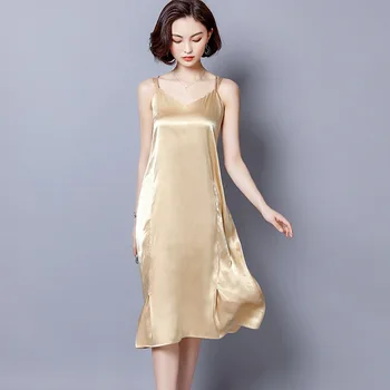 

Silky Satin Nightdress Female Sleepwear 2020 Summer Spaghetti Strap Nightgown V-Neck Night Dress Solid Casual Sleep Shirt M L