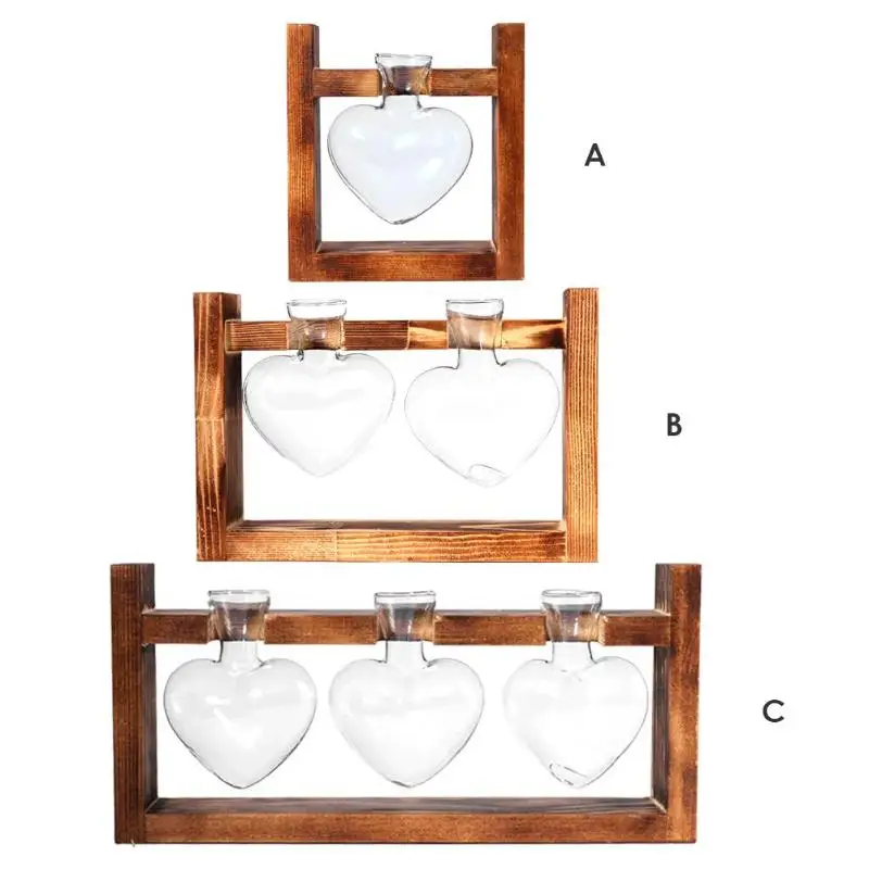 Деревянный Каркас Стеклянный гидропонный завод ваза цветочный горшок офис для дома садовые украшения Любовь Сердце хрустальная ваза