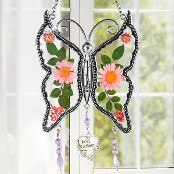 

1PC Creative Home Decoration New Butterfly Glass Wind Chimes with Pressed Flower Wings Embedded in Glass For Home Decor JL10