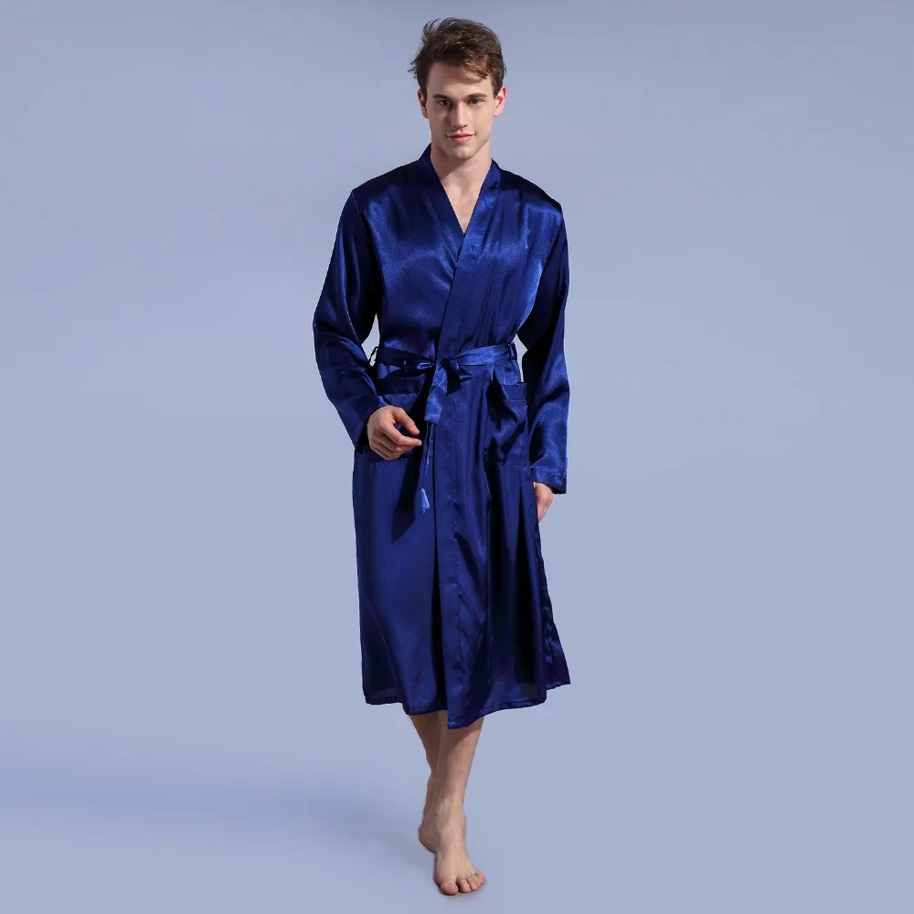 Черный Свободный Мужской Атласный халат из искусственного шелка, однотонный халат кимоно, повседневная одежда для сна, пижамы, пижамы