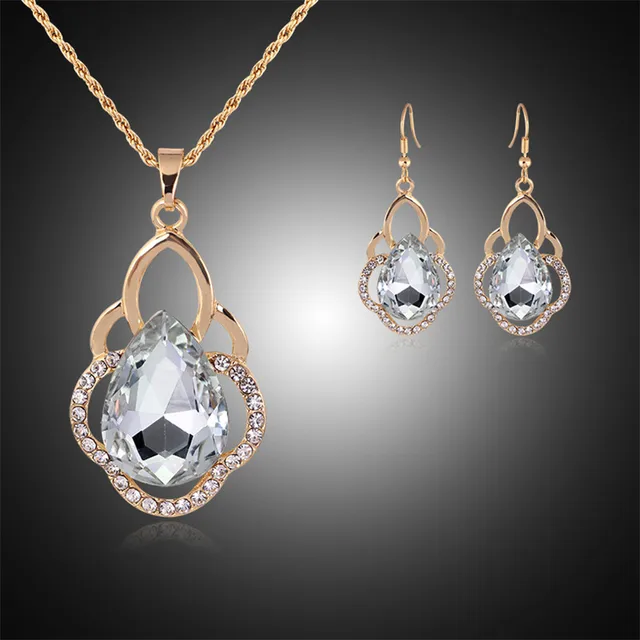 2017 New Trendy Blue Jewelry Sets Gold Pendant And Earrings Glass