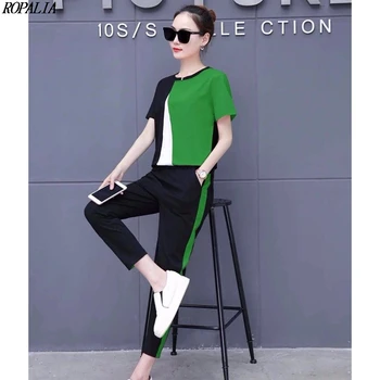 

2 Pieces Set Women Summer O-Neck Color Block Top And Ankle-Length Pockets Elastic Waist Pants