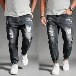 Большие размеры Для мужчин джинсы Тонкий лодыжки-Длина брюки Новая мода Для мужчин отверстия джинсы Европейский High Street мотоциклетные