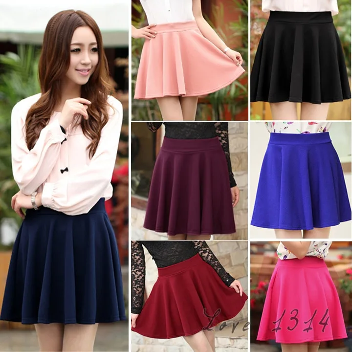 Hot Korea Women Pleated Skirt Elastic Waist Plain Skater Skirts Flared