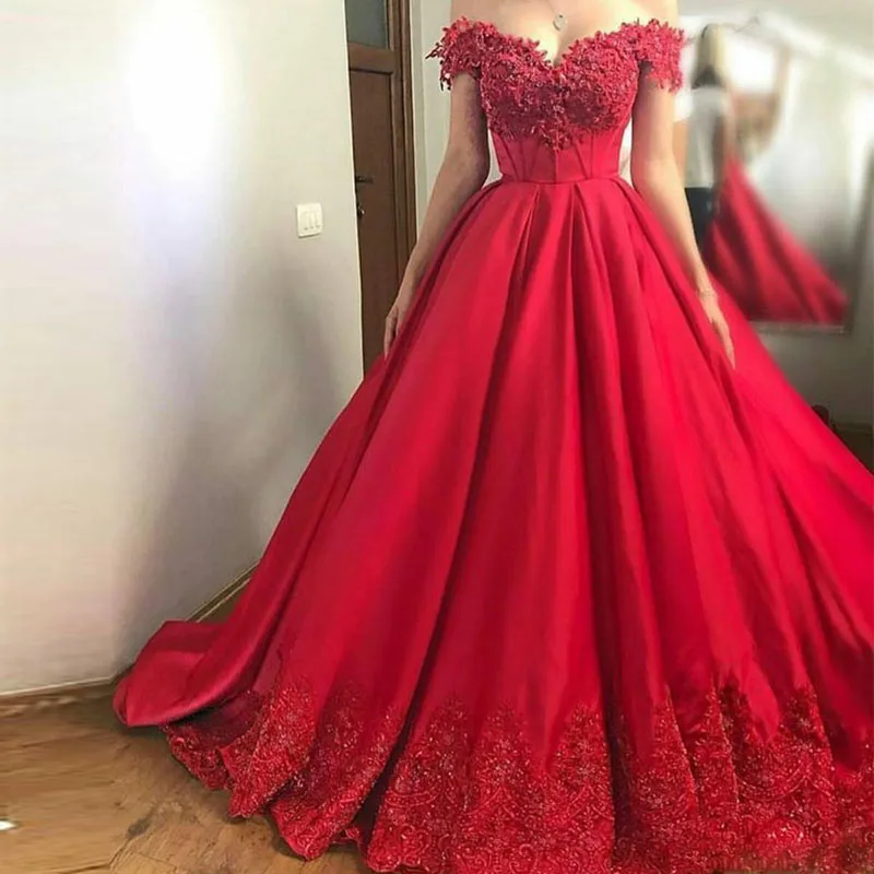 High Waist Ball Gown Prom Dress Off Shoulder Satin with Floral Applique Beads Sequins Sweep Train Evening Gowns Lace-up Back189