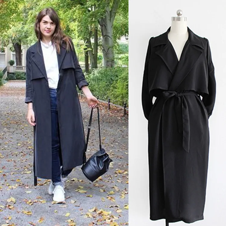 Осеннее пальто для женщин отложной воротник женские плащи Kroea стиль длинное пальто для женщин s X-long ветровки - Цвет: black