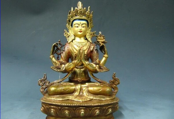 

Collectible bronze lion statue S0903 Tibet Pure Bronze Gild Four Arm Hands Bodhisattva Kwan-Yin Buddha Statue (B0328)