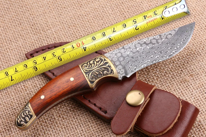 Высокое качество Дамаск небольшой Охота Ножи для шашлыков Медь + деревянной ручкой кемпинг фиксированным лезвием Ножи открытый прямой