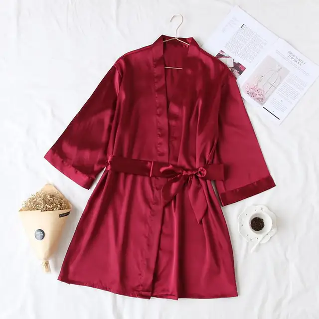 Summer Champagne Chinese Bride Wedding Robe Satin Sleepwear Women Nightgown Sexy Nightdress Lady Kimono Bathrobe Gown Negligee Robe Burgundy