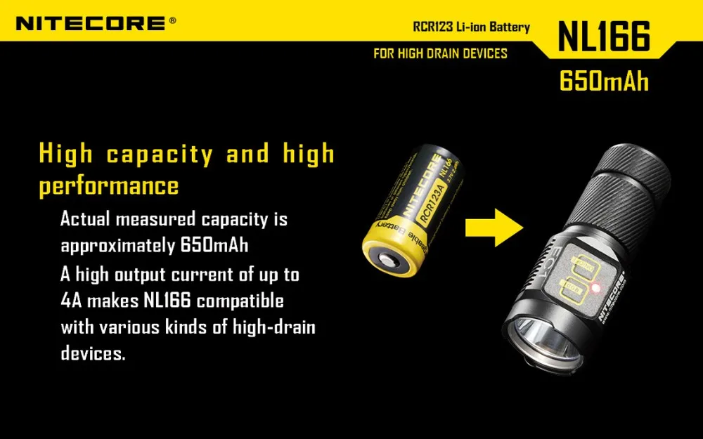 NITECORE NL166 650mAh 3,7 V 2.4Wh защищенный литиевый аккумулятор RCR123A 16340 18350 литий-ионный аккумулятор Дренажные устройства фонарик