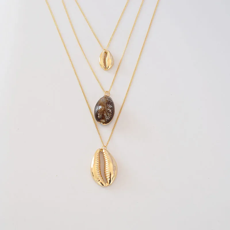 

Gold Polished Metal Natural Sea Snail Conch Seashell Starfish Pendant Necklace Korean Fashion Triple Layers Neck Beach Jewelry