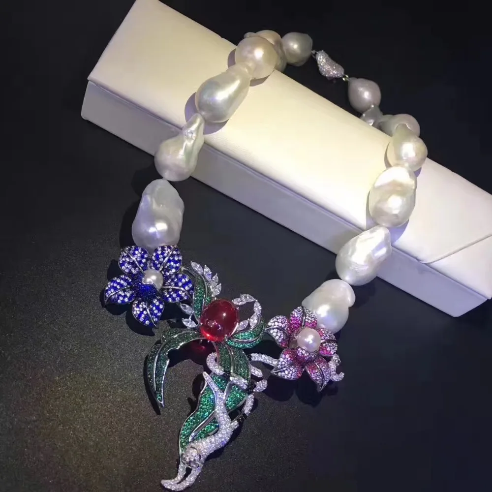 Ожерелье из натурального пресноводного жемчуга в стиле барокко, серебро 925 пробы с кубическим цирконием, ожерелье в форме цветка, модное женское ювелирное изделие