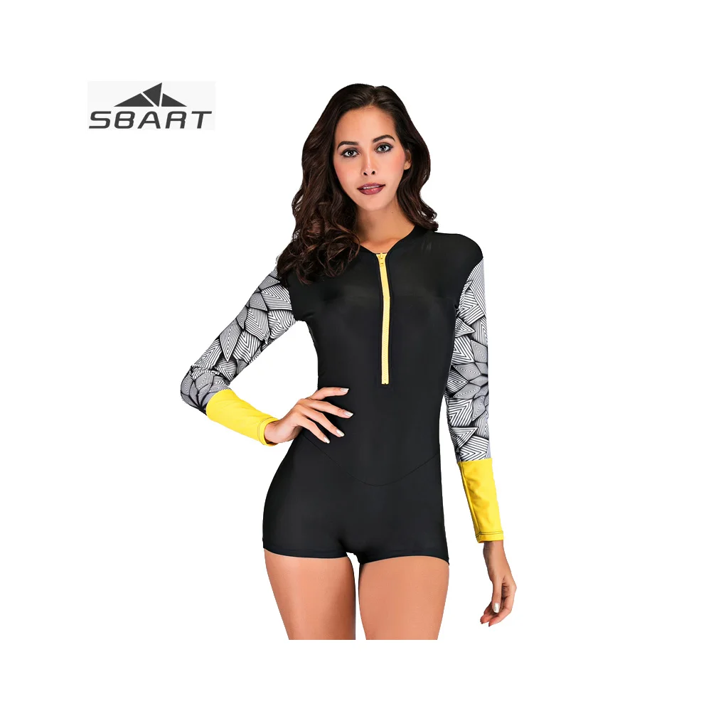 

SBART Women Black Print Long Sleeve Swimsuit One piece Short Lycra Snorkeling Swimwear UV Protection for Swimming Surfing