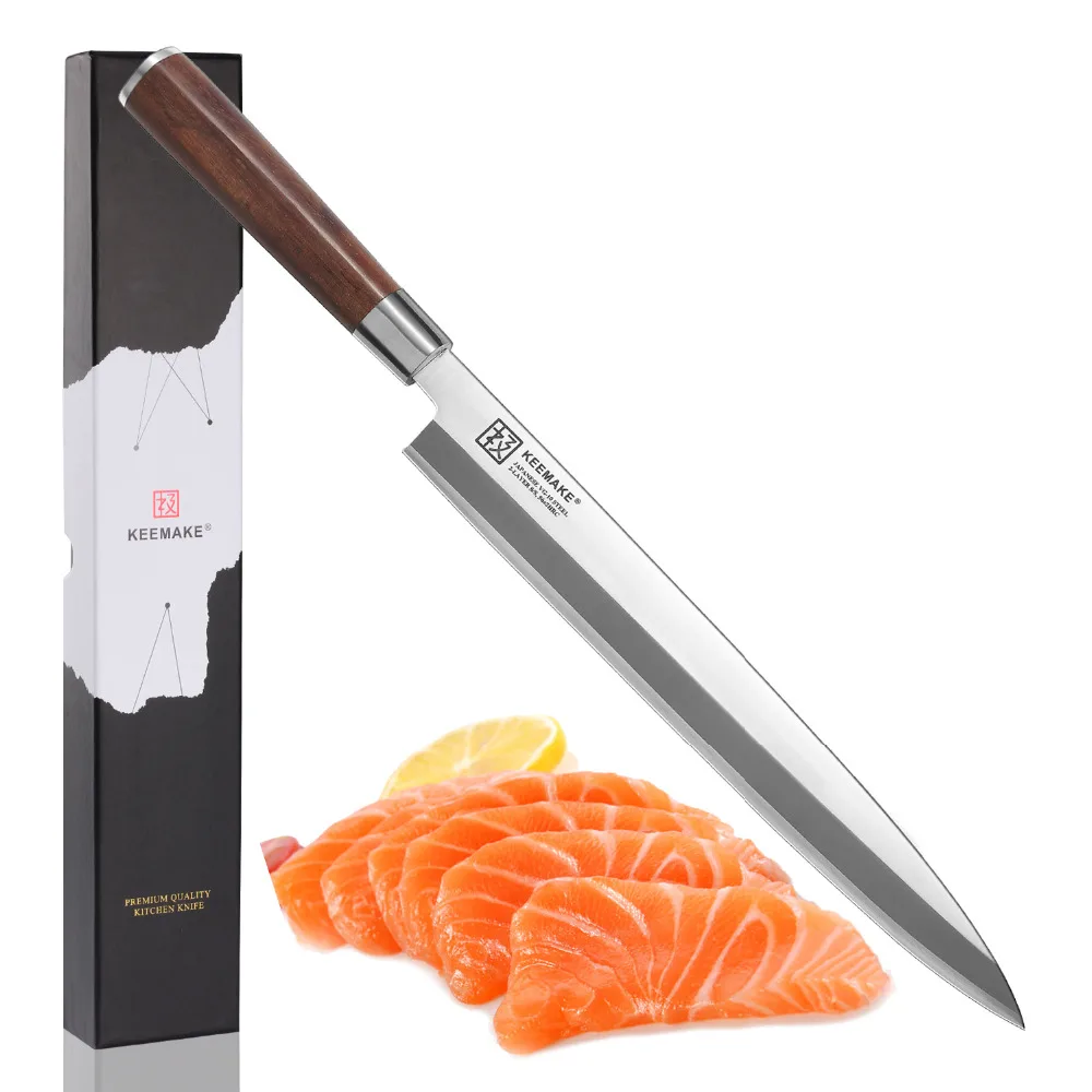 KEEMAKE 10.5 inch Professional Sashimi Kitchen Knife Stainless Steel Single Edge Sharp Blade Cooking Knives Tools Wood Handle