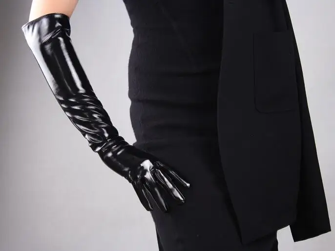 Для женщин модные пикантные, изящные высокие сапоги из искусственной перчатка из искусственной кожи женские Клубные производительность Формальные вечерние ботинки с высоким голенищем, лакированная кожа перчатки 50 см R605 - Цвет: shiny black