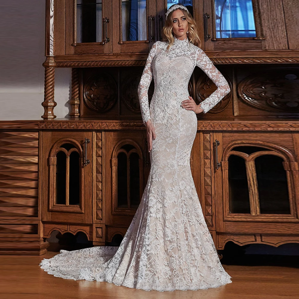 

Modest Long Sleeves Wedding Dresses Saudi Arabia Lace Bridal Gown Custom Made High Collar Mermaid Bride Dress Robe de Mariee
