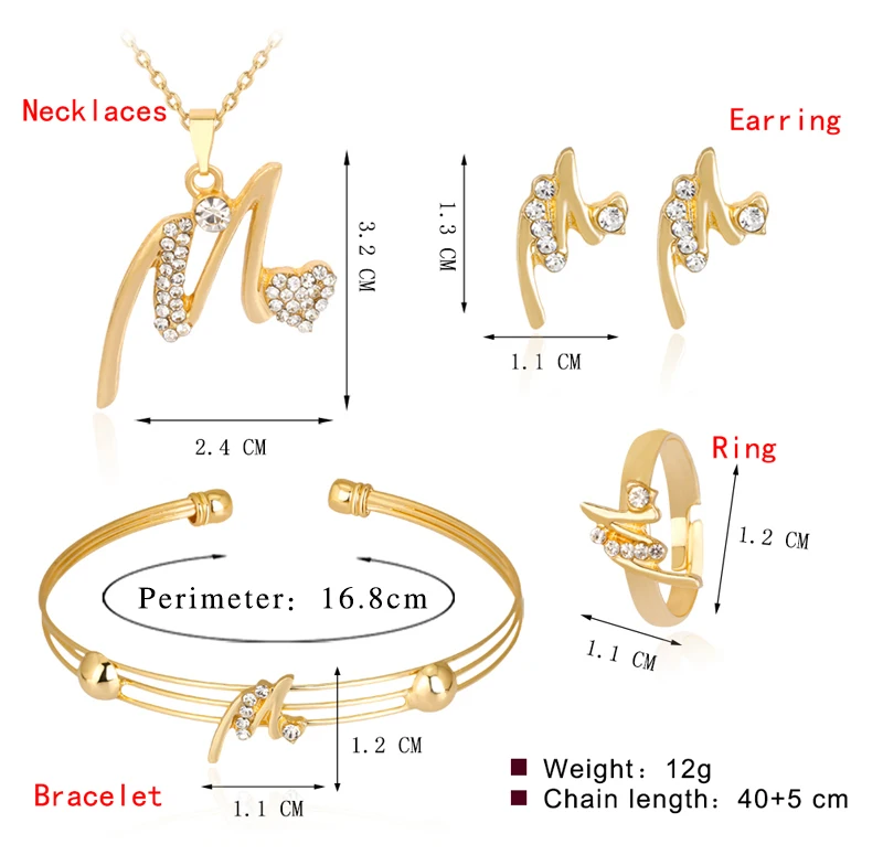 Очаровательное женское ожерелье для девочек золотистого цвета с надписью «M», серьги, браслет с кольцом, Модный комплект ювелирных изделий, аксессуары для свадебной вечеринки