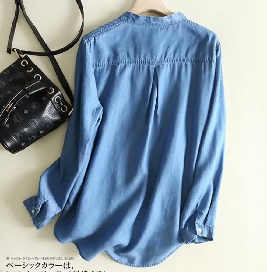 Весна-Осень, винтажные синие джинсовые блузки из Tencel, женская рубашка с круглым вырезом, длинным рукавом, цветочной вышивкой